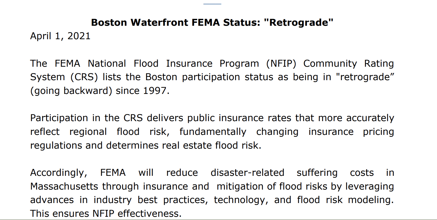 FEMA Rates Boston as a RETROGRADE non participant in the National Flood Insurance Program